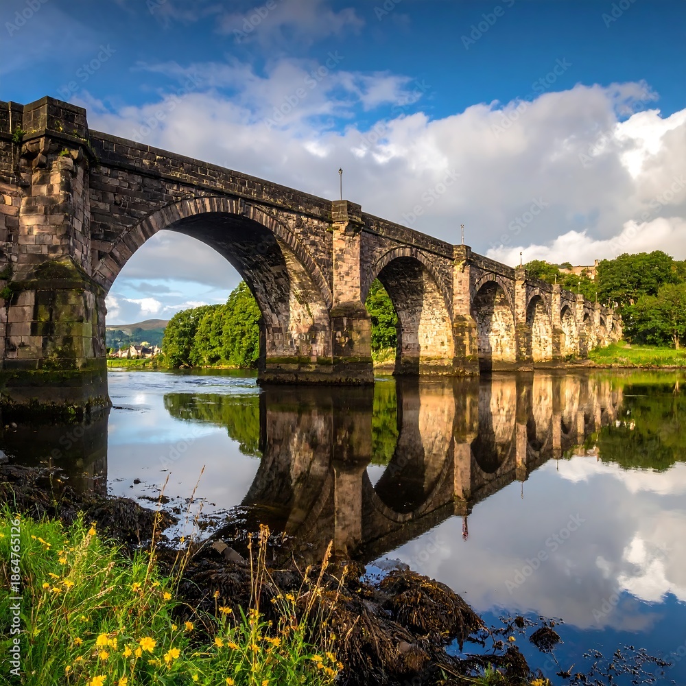 Fototapeta premium Historic Stone Bridge Reflected in Calm River Waters Under a Blue Sky.