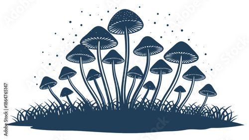 Dark blue mushroom cluster growing in grassy field
