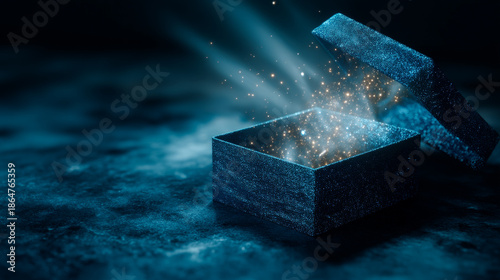 Magical open gift box with bright golden sparks and light rays coming from inside on dark blue