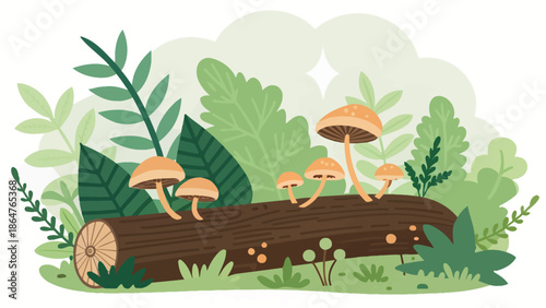 Whimsical forest scene with mushrooms on a log and lush greenery