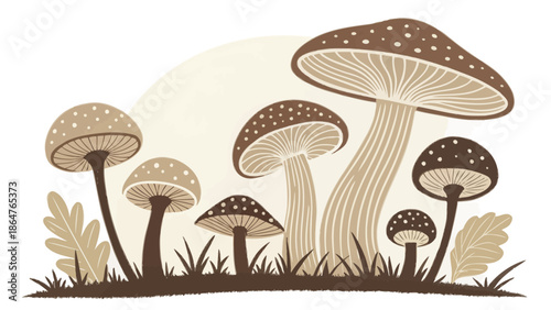 Whimsical illustration of mushrooms in a moonlit forest scene