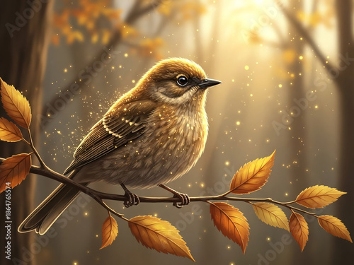 Little brown bird perched on a branch with autumn leaves in a magical golden forest