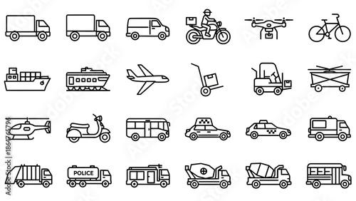 Collection of Various Transportation Vehicles Icons.