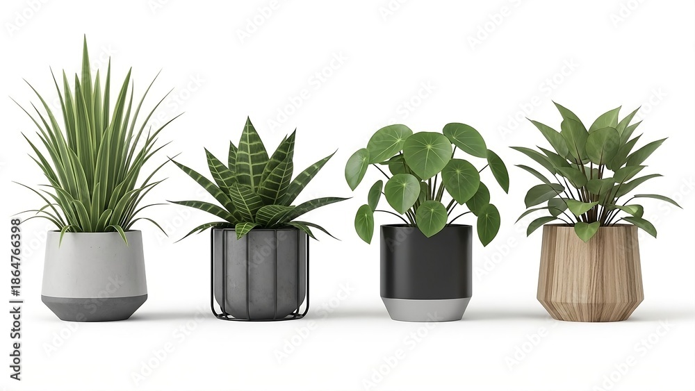 Obraz premium Four potted green houseplants with varied foliage and modern planters potted plants green foliage snake plant