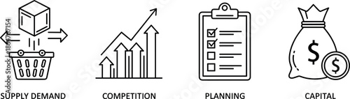 Market economy icon set with supply demand competition planning and capital symbols
