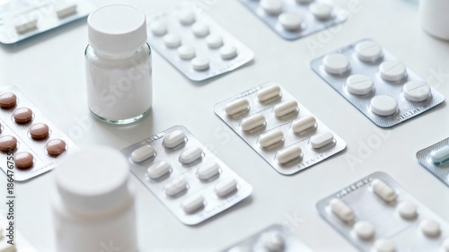 Blister pack with generic medical tablets on white background, pharmacy and healthcare concept.