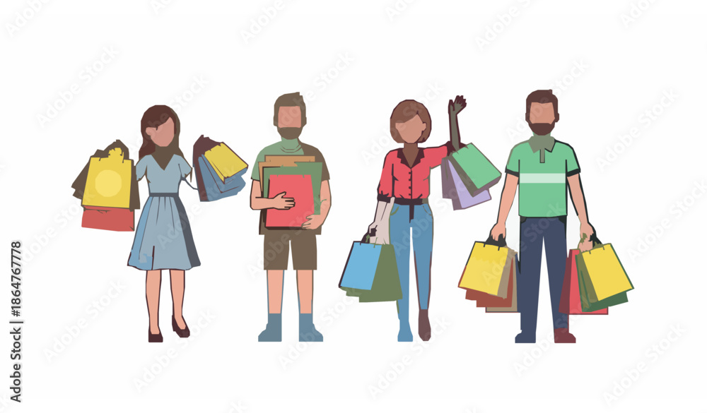 Obraz premium Cute Flat Vector Illustration of People Holding Shopping Bags After Store Purchases