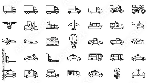 Collection of Various Simple Vehicle Icons.