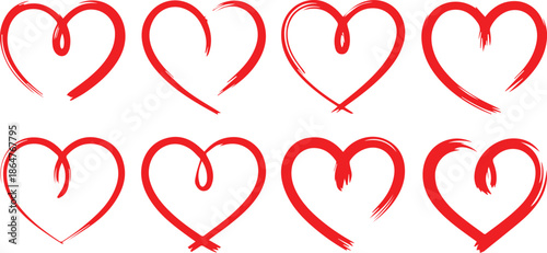 Artistic collection of hand-drawn red heart shapes in various brush stroke styles Vector