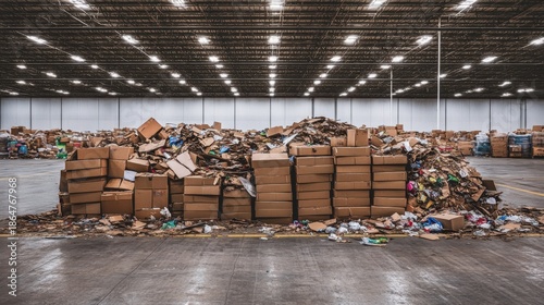 A vast warehouse interior filled with enormous, overflowing piles of stacked brown cardboard boxes waiting for recycling