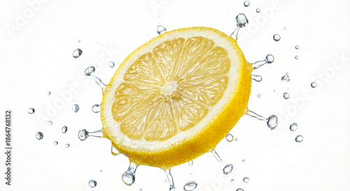 Fresh Yellow Lemon Slice with Water Splash and Droplets Isolated on White