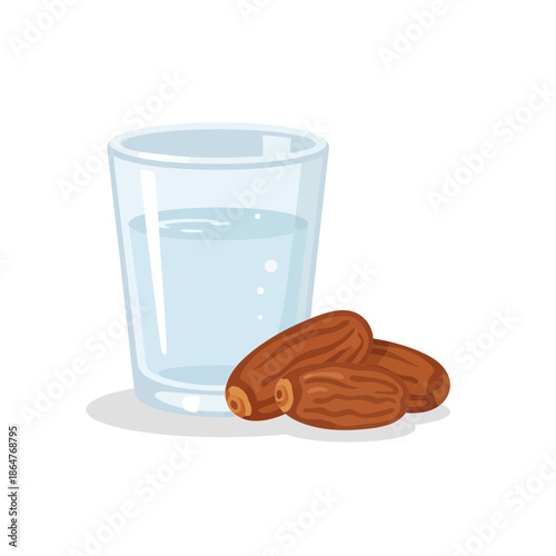 A clear glass of water sits next to a small pile of three dried dates on a white background.
