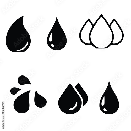 Collection of various water droplet icons in black and white