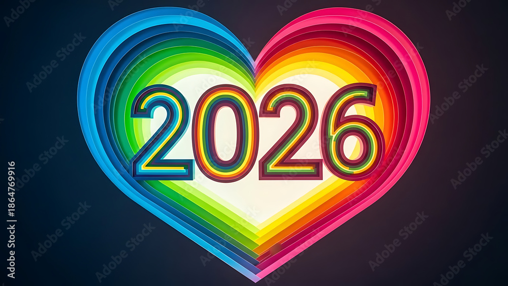 Obraz premium Rainbow heart with 2026, colorful love concept, futuristic date