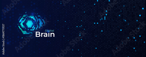 Artificial intelligence digital brain background with hexagon tech pattern, neural network data flow, copy space. AI brain concepts for technology presentations and web headers. Vector illustration