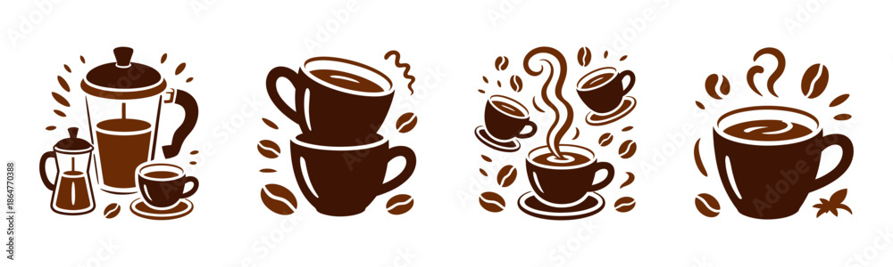 Obraz premium Coffee icon set. French press, stacked cups and steaming mugs with beans vector collection
