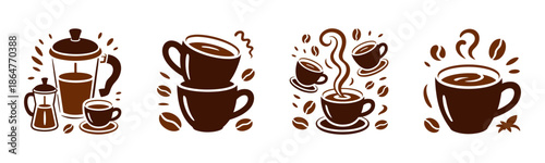 Collection of coffee icons featuring various cups, mugs, and brewers with steam and beans on a white background, perfect for graphic design and branding
