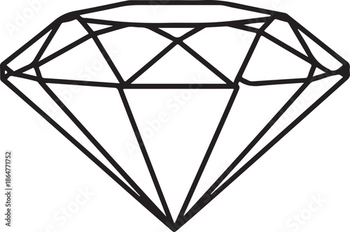 Minimalist black line drawing of a brilliant cut diamond