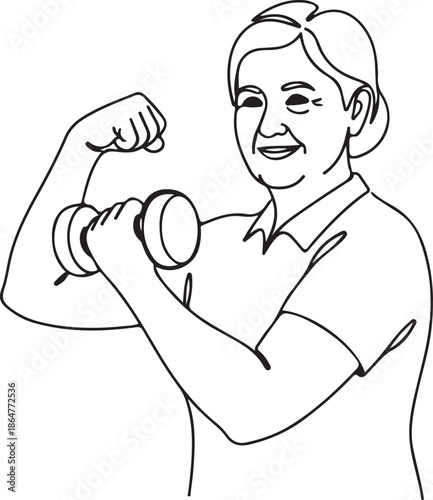 Continuous line drawing of senior woman flexing muscle with dumbbell