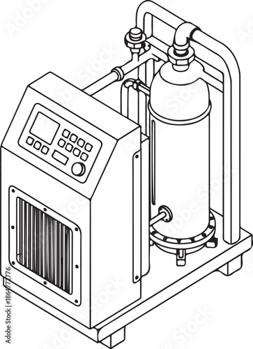 Isometric Line Art of Air Compressor and Receiver Tank