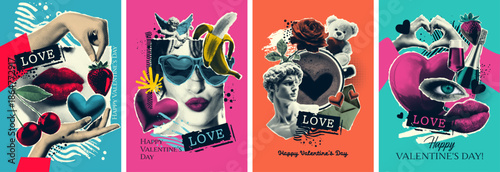 Set of newspapers posters, stickers in halftone tones, on the theme of love, parties, Valentine's day. Statue, lips, hands, heart, rose, fruit, kiss, gifts, coffee, cupid. Vector illustration.