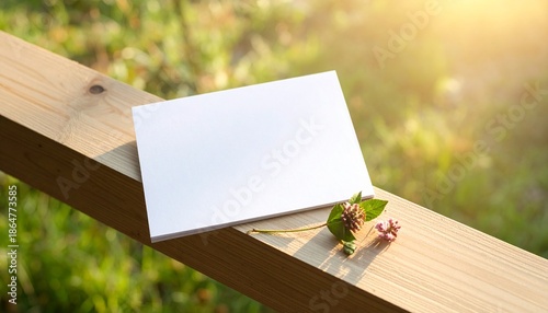 Blank white paper card mockup on a rustic wooden railing, illuminated by warm morning sunlight in a natural outdoor setting, perfect for custom messages or elegant design presentations