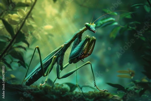 Close up of a praying mantis standing on a branch, showcasing its vibrant green color and intricate details, against a blurred jungle background