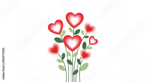 An illustration of heart-shaped flowers in a bouquet with green leaves against a white background