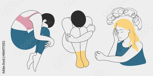 Set of 3 flat vector icons illustrating stress and overwhelm: fetal position, head on knees, chaotic mind lines. Emotional intelligence visuals for mental health content.