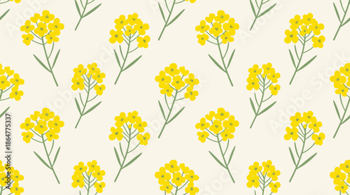 Seamless botanical pattern of bright yellow flower clusters on slender green stems, repeating floral design for textiles, wallpaper, stationery, and digital backgrounds