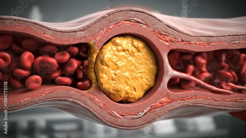 Artery blockage shows cholesterol plaque in blood vessel. Atherosclerosis blocks artery with plaque buildup. Blood vessel narrowed by cholesterol. Medical illustration of artery atherosclerosis.