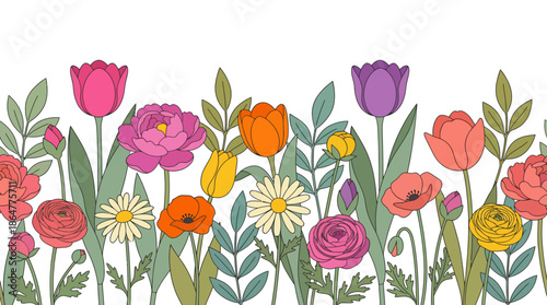 Colorful garden border illustration featuring tulips, roses, peonies, and lush green foliage in a whimsical, vibrant floral design.