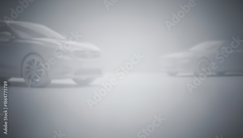 Blurred, grayscale image showcasing two luxury vehicles in a pristine white studio space.