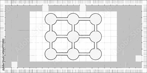 Abstract overhead view of interconnected circular shapes within a grid pattern