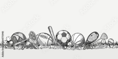 A collection of various sports equipment including balls bats and rackets