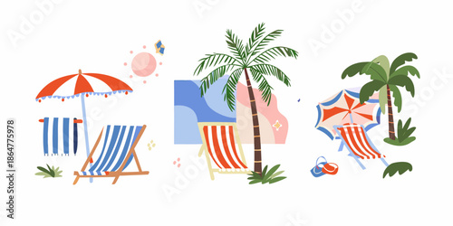 A vibrant summer scene depicting beach umbrellas lounge chairs and palm trees