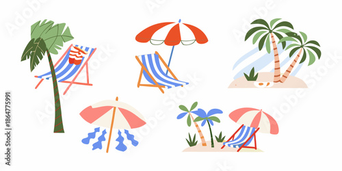 A colorful illustration featuring beach chairs umbrellas and palm trees