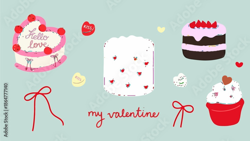 Valentine's Day celebration with cakes and hearts displayed in a festive illustration