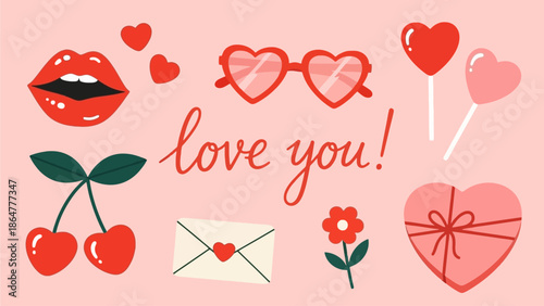 A vibrant illustration collection of love symbols, including hearts, lips, and cherry, on a light background, from a straightforward viewpoint.
