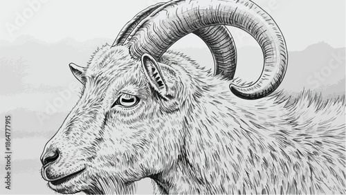 Detailed sketch of a goat head with large horns