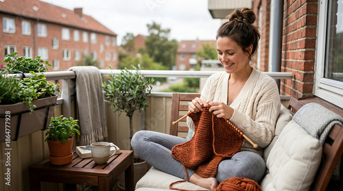 Young woman happily knitting a scarf on a balcony with plants  