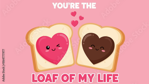 Two heart-shaped slices of bread, one red and one brown, with smiling faces and floating hearts, expressing affection on a pink background