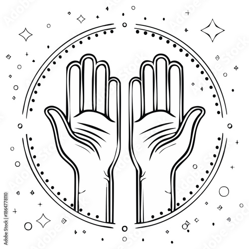 Symmetrical open palms illustration surrounded by celestial stars and a magical decorative circle