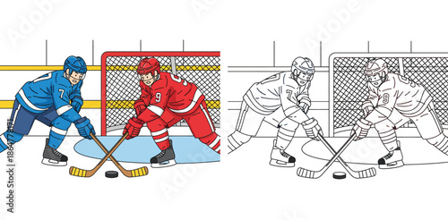 Ice hockey players face-off vector illustration with coloring book page. Cartoon sports scene showing red and blue team competitors playing on ice rink with black and white outline sketch.