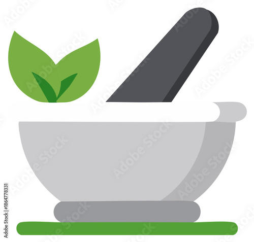 Mortar and pestle with leaves, illustration of herbal medicine and natural healthcare.