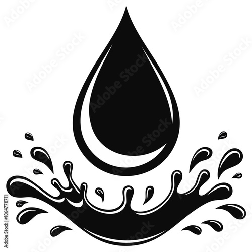 Water droplet with splash vector icon. Liquid drop, ink, oil blob graphic