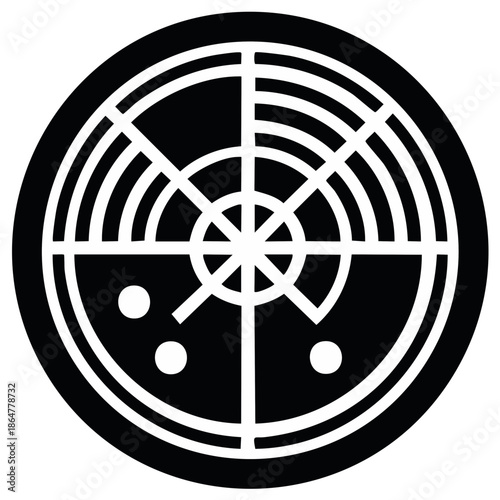 Round sonar display graphic with echo signals, in black and white illustration