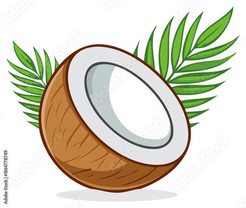 Tropical half coconut brown shell white flesh green palm leaves stylized graphic