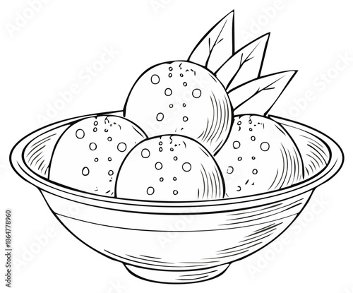 Monochrome line art illustration of dessert scoops in a bowl with elegant leaf garnish