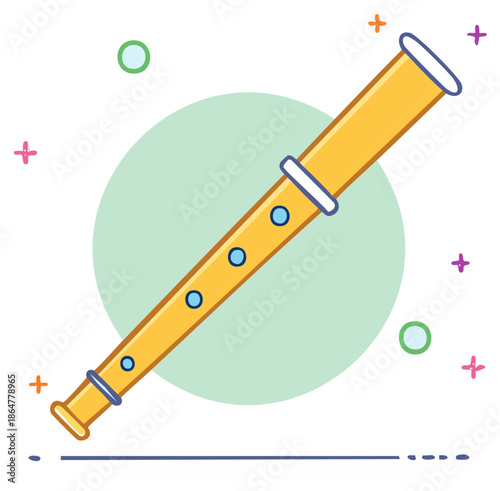 Playful vector icon of a yellow woodwind flute instrument on a colorful background with abstract shapes